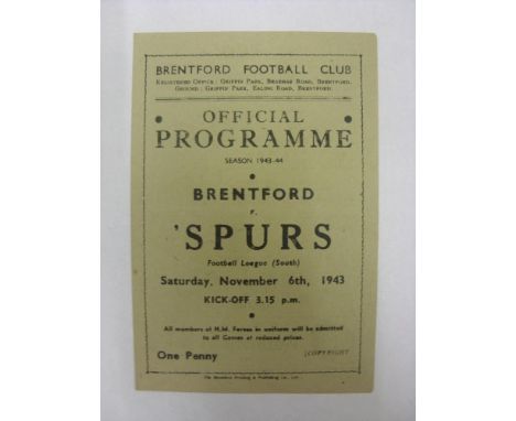 TOTTENHAM HOTSPUR, 1943/1944, Brentford versus Tottenham Hotspur, a football programme from the fixture played in The Footbal