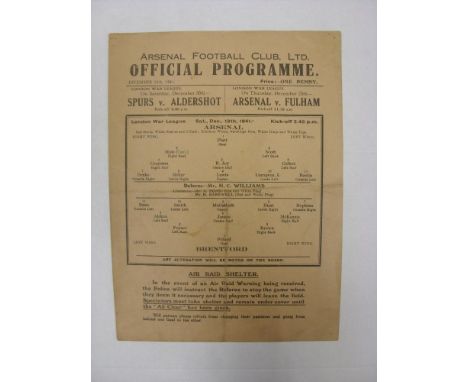 ARSENAL, 1941/1942, versus Brentford, a football programme from the fixture played in The London War League, at Tottenham Hot