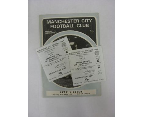 MANCHESTER CITY, 1972/1973, a football programme and ticket from the fixture versus Leeds United, played on 31/03/1973 (2 cop