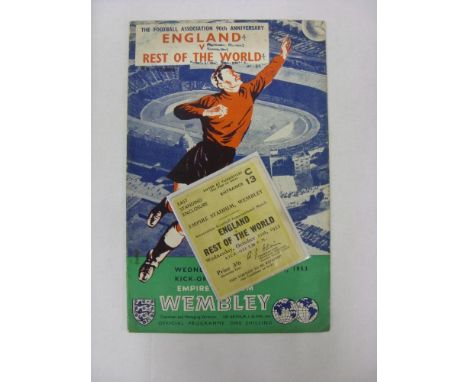 ENGLAND, 1953, a football programme and ticket from the fixture versus Rest Of The World, played on 21/10/1953 (programme has