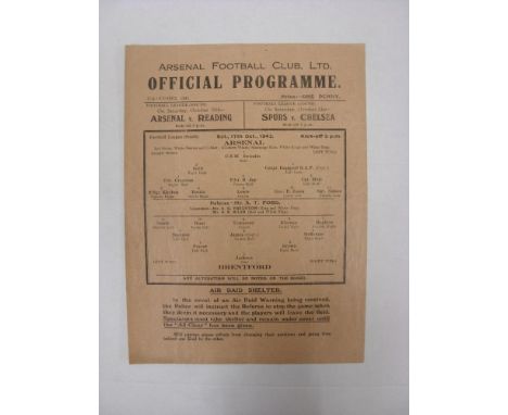 ARSENAL, 1942/1943, versus Brentford, a football programme from the fixture played in The Football League South War Time fixt