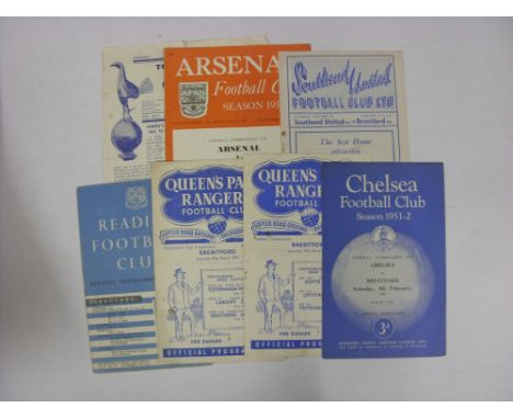 BRENTFORD RESERVES, 1951/1952, 7 football programmes from the season, all away's, Arsenal [Cup], Chelsea [Cup], Queens Park R