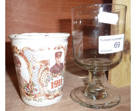 19thC glass and 1911 enamel coronation beaker