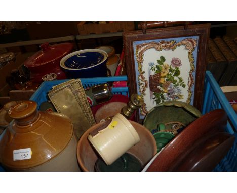 Box of Stoneware jars, tile tray, brass door plates etc