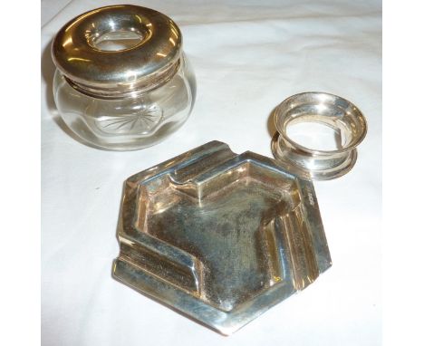 Silver napkin ring, silver ash tray and a glass trinket pot with silver lid