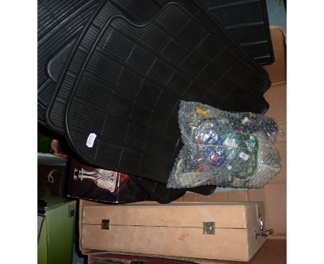 Child's tool kit, rubber car mats, cut glass decanter etc