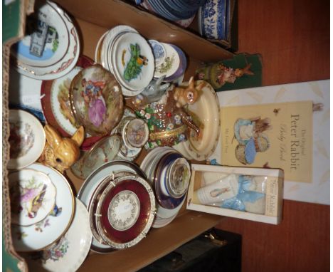 Box of misc ceramics inc Limoge plates, Royal Doulton Bunnykins breakfast bowl, baby book, trinket dishes etc