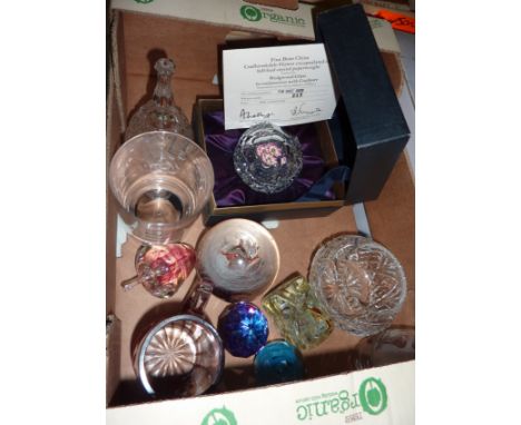 Wedgwood glass in conjunction with Coalport 'Coalbrookdale' flower paperweight in original box, ruby glass small tankard, pap