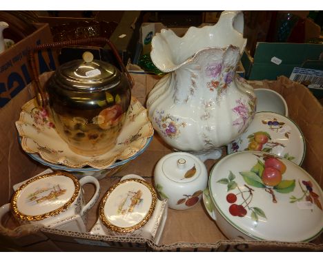 Royal Worcester 'Evesham Vale' lidded vegetable dishes, Crown Devon Fieldings blush ware dish, biscuit barrel etc