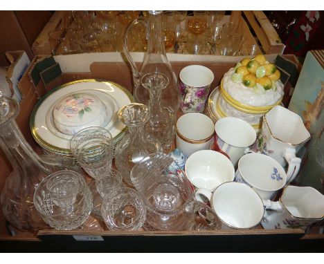 Glass decanter, Coalport tea plate, mugs etc