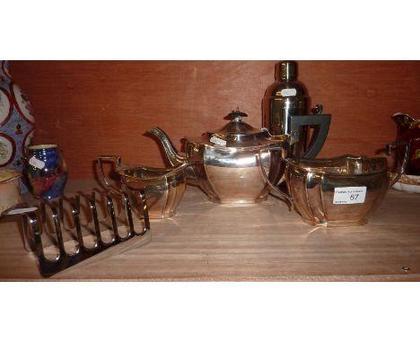 3 piece silver plated tea service, toast rack and flask