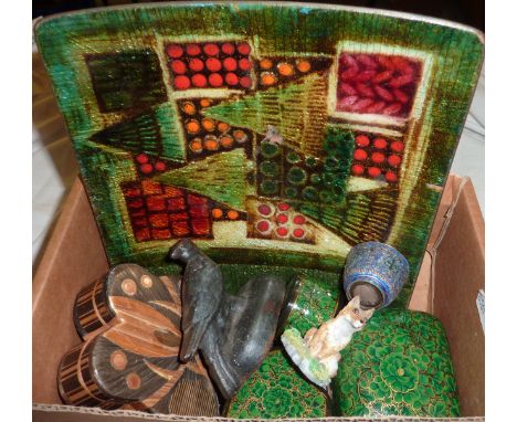 Coppered enamel dish, decorative boxes, cast pigeon paperweight etc