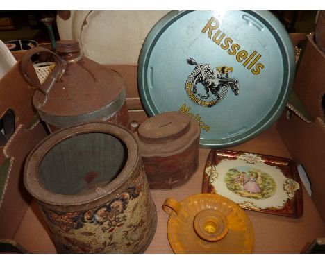 Russell's Malton advertising tray, old fuel can, tea caddy etc