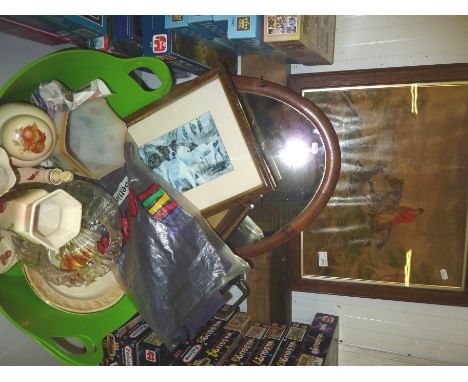 Framed hunting print, oval wood framed mirror, selection of Royal Worcester Palissy, ceramics etc