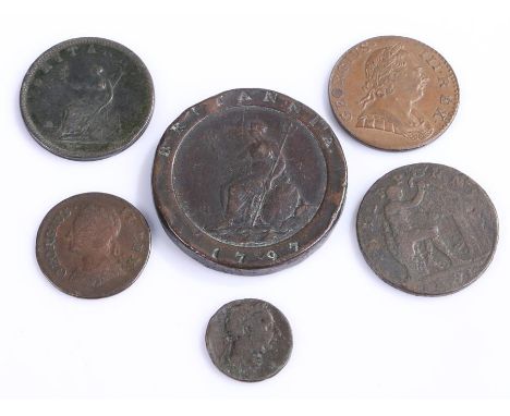 George III 1797 cartwheel Twopence, together with 4 George III base metal coins and a John Wilkinson Halfpenny (6) 