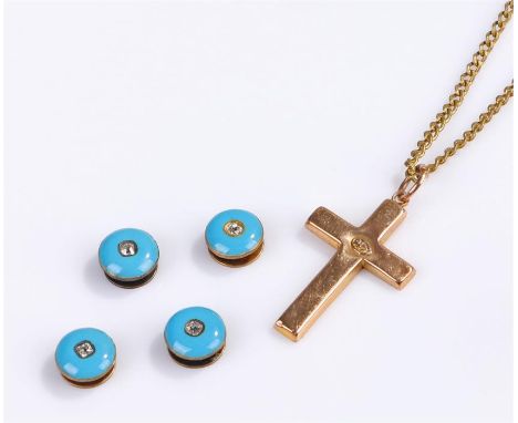 Set of four enamel and diamond buttons, together with a 9 carat gold cross and an unmarked yellow metal chain