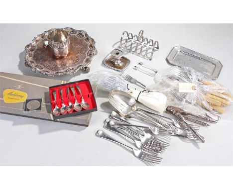 Collection of silver plated wares, to include a card tray, flatware, a toast rack, a candle stick, a mug, etc, (qty)