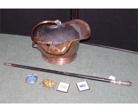 Indian sword stick, coal scuttle, AA and RAC car badges , (Qty)