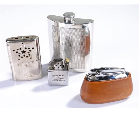 Mixed lot of lighters and a hip flask, (4)