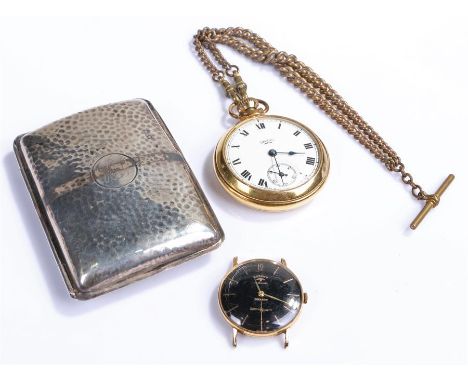 Silver cigarette case, Birmingham 1917, maker G & C Ltd, together with a yellow metal pocket watch, white dial with Roman hou