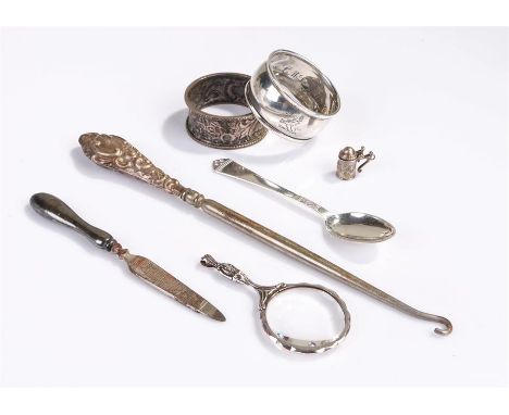 Mixed Silver to inculde a magnifying glass, button hook, Victorian napkin ring together with another silver napkin ring etc (