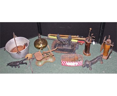 Set of scales, together with a teapot, fireside tools, a tub etc, (qty)