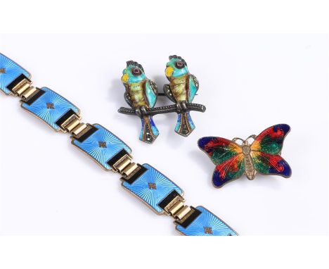 Enamel jewellery to include a butterfly, bracelet and pair or parrots (3)