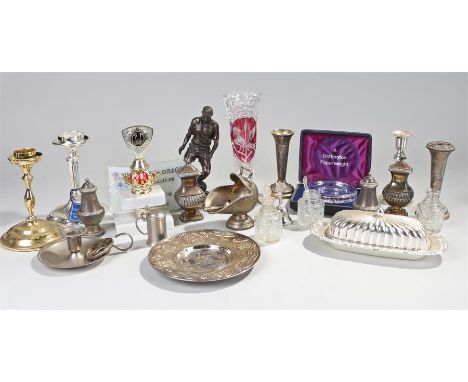 Collection of silver plated wares, including a plate and a candlestick, together with a Dartington John Menzies 150th Anniver