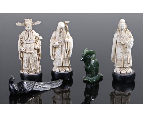 Jade ram, together with a reclining bird and three oriental figures, (5)