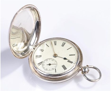 Silver hunter pocket watch, the silver case enclosing the white enamel dial with Roman hours and subsidiary seconds dial