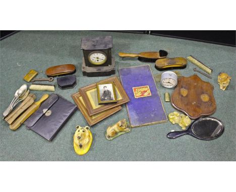 A mixed lot including a slate mantle clock, a ludo board, brushes, pottery animals, vintage Silentwind alarm clock, picture o
