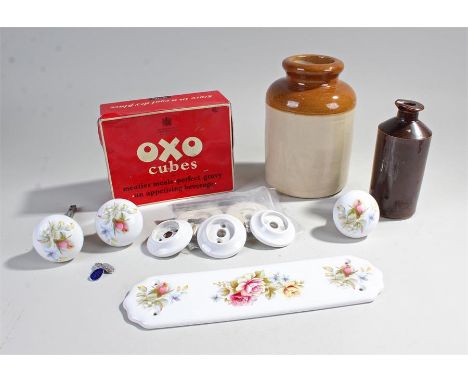 Mixed lot of items including ceramic door plate and door knobs, two stoneware jars, oxo tin, pair of cufflinks, (Qty)