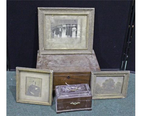 George III mahogany tea caddy, together with picture frames and a box