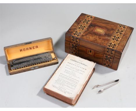 Victorian walnut writing box, with inlaid bands, together with a pair of silver plated tongs, a Hohner Harmonica and a book T