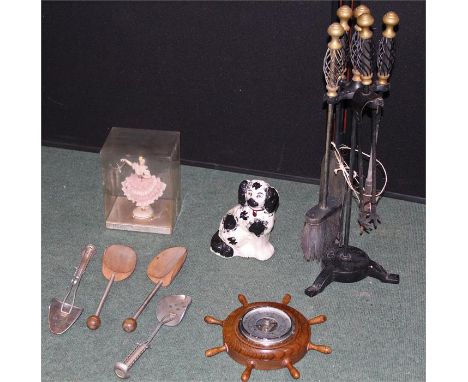 Victorian fireplace tools and stand, together with a boxed 1950s German lace porcelain figure, barometer, and assorted items 