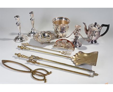 Silver plated wares to include candlesticks, coffee pot, dish, etc, together with some brass fireside tools, (Qty)