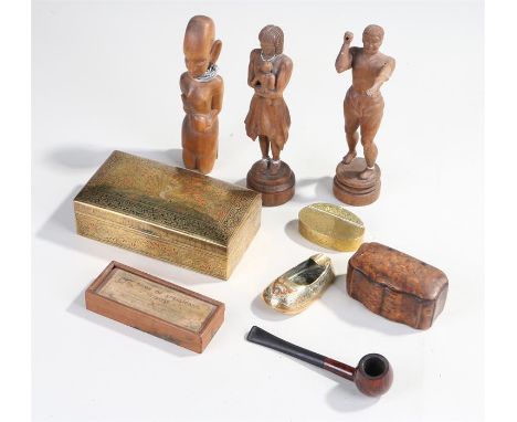 Three carved wood African figures, as well as items including 2 brass boxes and a pipe (qty) 