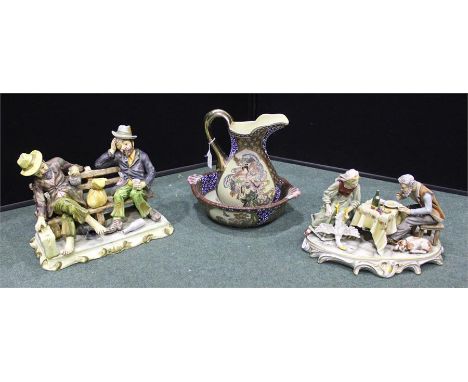 Capodimonte figures together with a Japanese jug and basin, (4)