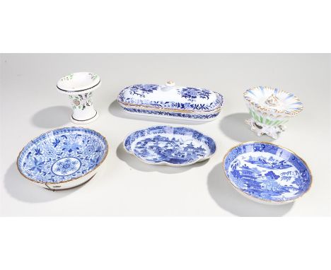 Davenport candlestick holder, along with a collection a collection of Victorian blue and white dishes (6)