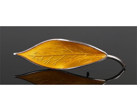 David Andersen Sterling silver and yellow enamel brooch, in the form of a leaf, 71mm long