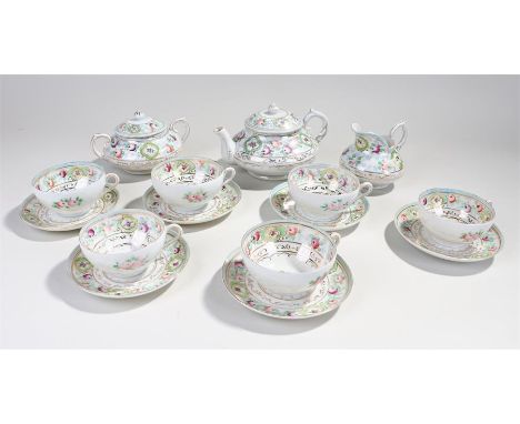 Japanese 20th century porcelain tea service, consisting of teapot, sugar bowl, milk jug, and six cups and saucers 