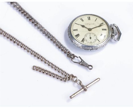 White metal pocket Watch, white enamel dial with Roman hour markers and subsidiary second dial, case 50 mm diameter, together