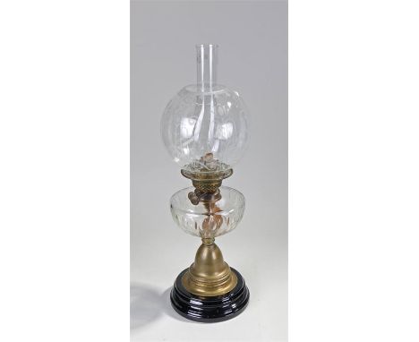 Oil lamp, glass oil font ,chimney and shade with brass burner and pedestal