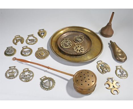 Collection of brass objects including, plates, funnel, shot flask, horse brasses, etc, (Qty)