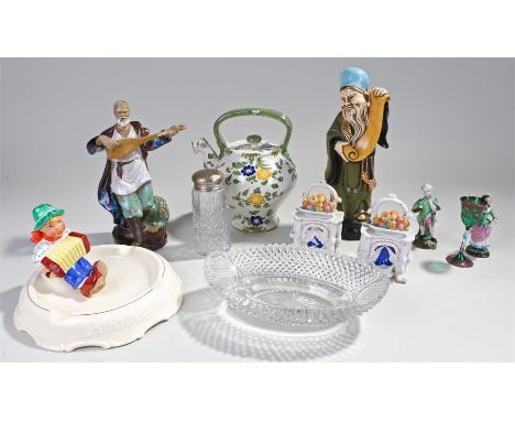 Quimper teapot with green floral decoration, together with a collection of ceramic figures and glass (qty)