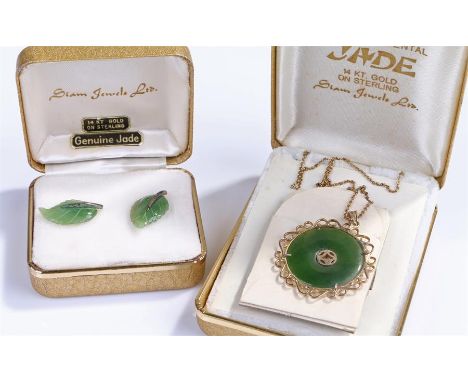 Pair of jade earrings, carved as leaves, together with a jade pendant