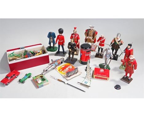 Post Office Savings tin, as well as a boxed Corgi car and toy figures (qty) 