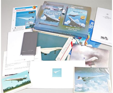 A collection of Concord memorabilia including, a flight menu, in flight entertainment booklet, diary, baggage label, book and