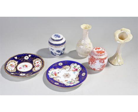 Royal Crown Derby Red Aves tea caddy, together with a Doulton caddy, two flower painted pates and two pieces of Belleek, (6)
