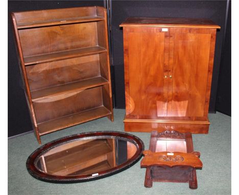 Furniture, to include a yew wood veneer cabinet, a bookcase, a mirror and a mirror with gallery shelf, (4)